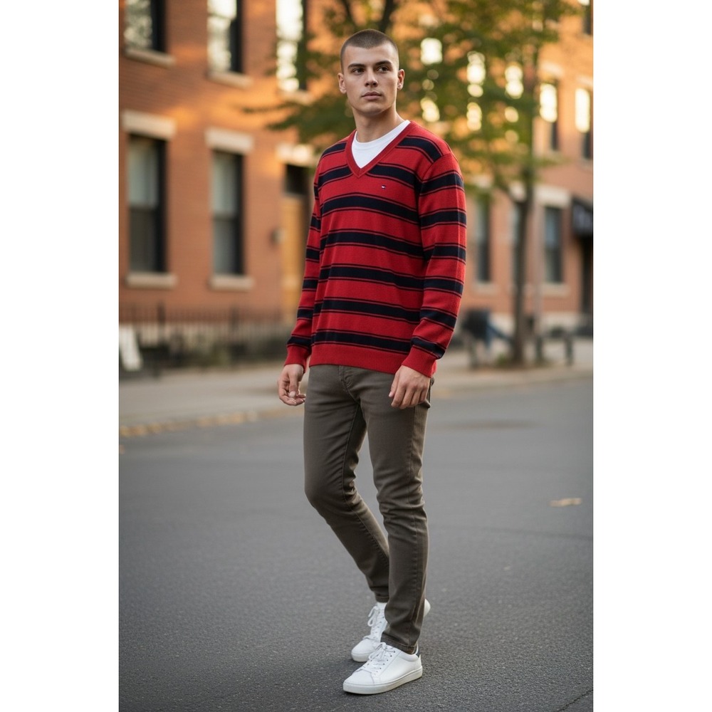 Tommy Hilfiger Men's Pima‎ Cotton V-Neck Striped Sweater Red Navy Blue XL